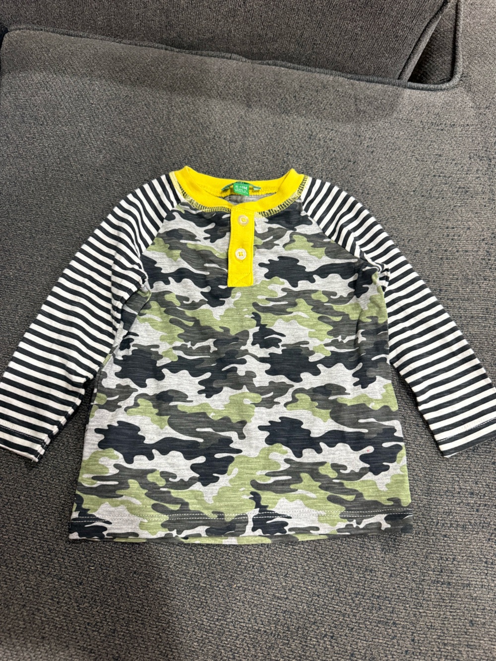 dip Camo Long Sleeve Tee with Black & White Stripes and Yellow Trim